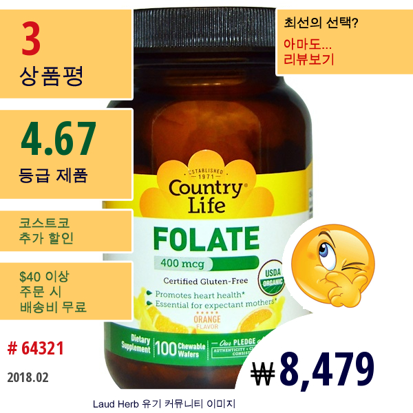 Country Life, 엽산, 오렌지 향, 400Mcg, 100 츄어블 웨이퍼  