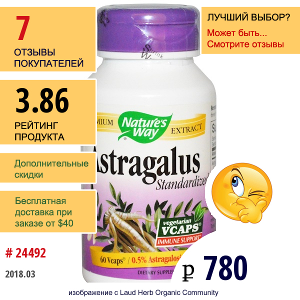 Natures Way, Астрагал Стандартизированный, 60 Капсул Vcaps