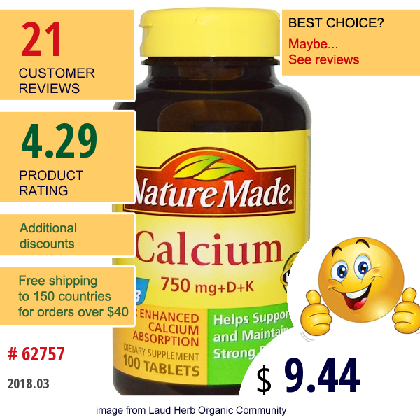 Nature Made, Calcium 750 Mg +D + K, 100 Tablets