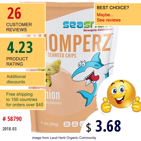 Seasnax, Chomperz, Crunchy Seaweed Chips, Onion, 1 Oz (30 G)