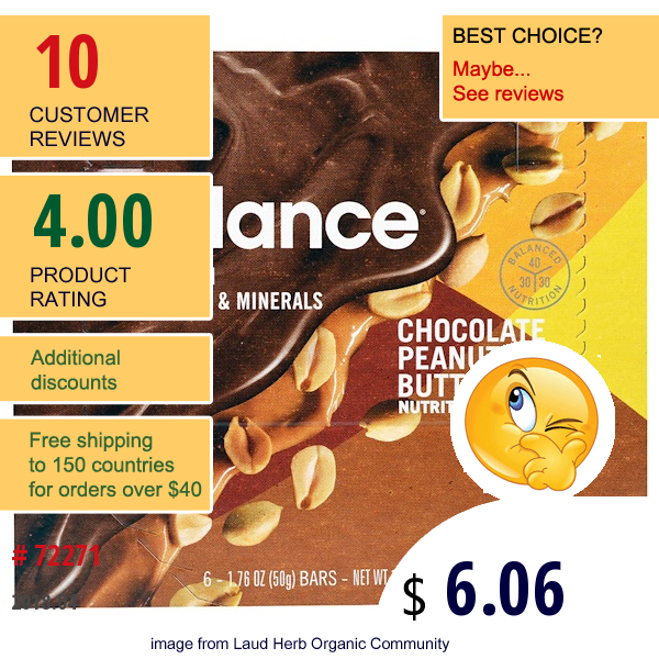 Balance Bar, Nutrition Bar, Chocolate Peanut Butter, 6 Bars, 1.76 Oz (50 G) Each