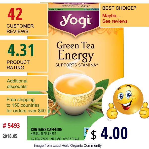 Yogi Tea, Organic, Green Tea Energy, 16 Tea Bags, .92 Oz (26 G)