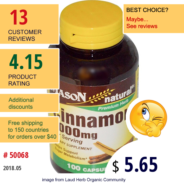 Mason Natural, Cinnamon, 1000 Mg, 100 Capsules