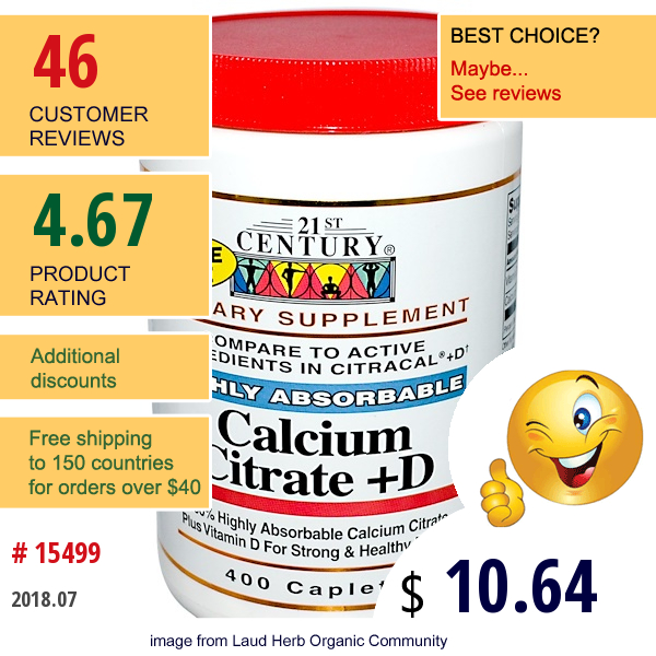 21St Century, Calcium Citrate +D,  Highly Absorbable, 400 Caplets  