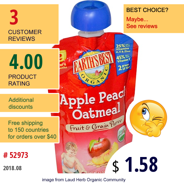 Earths Best, Organic Fruit & Grain Puree, Apple Peach Oatmeal, 4.2 Oz (120 G)  
