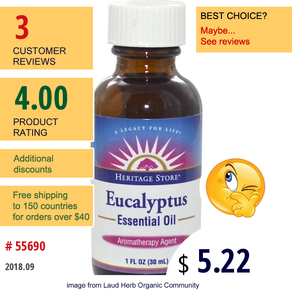 Heritage Store, Essential Oil, Eucalyptus, 1 Fl Oz (30 Ml)  