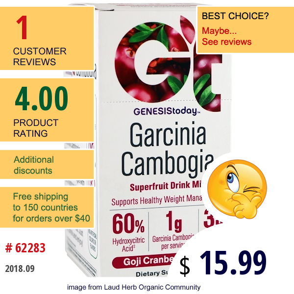 Genesis Today, Garcinia Cambogia, Superfruit Drink Mix, Goji Cranberry Flavor, 20 Stick Packs, 0.26 Oz (7.5 G) Each  