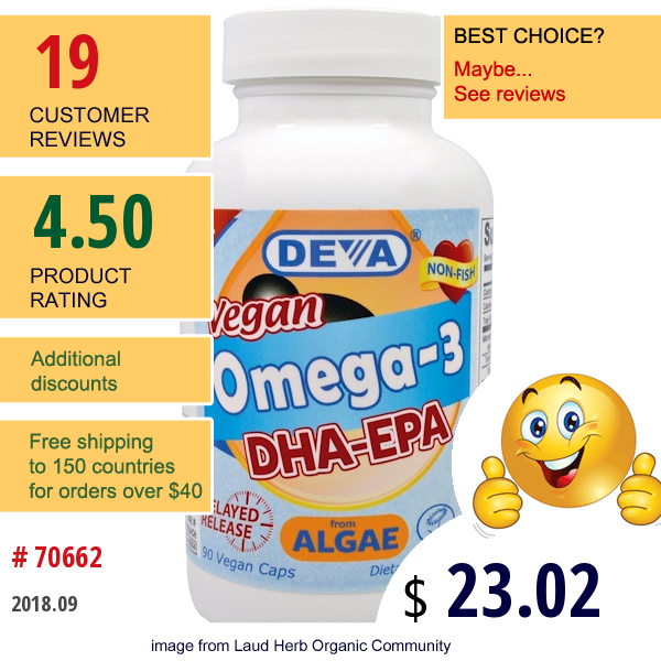 Deva, Vegan, Omega-3, Dha-Epa, 200 Mg, 90 Vegan Caps