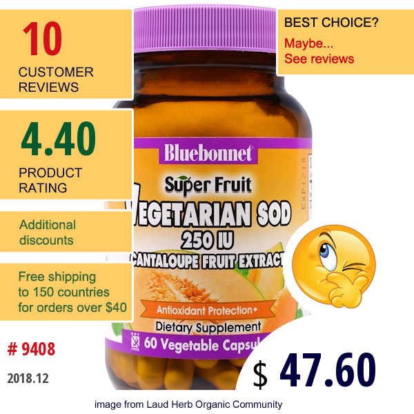 Bluebonnet Nutrition, Super Fruit, Vegetarian Sod, Cantaloupe Fruit Extract, 250 Iu, 60 Veggie Caps