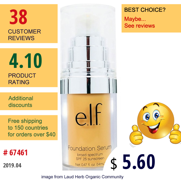 E.l.f. Cosmetics, Beautifully Bare Foundation Serum, Broad Spectrum Spf 25 Sunscreen, Fair/light, 0.47 Fl Oz (14 Ml)