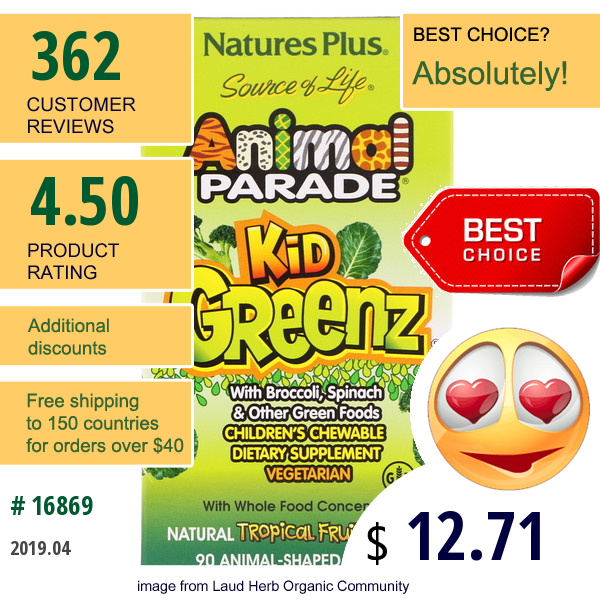 Natures Plus, Source Of Life, Animal Parade, Kid Greenz With Broccoli, Spinach, Natural Tropical Fruit Flavor, 90 Animal-Shaped Tablets