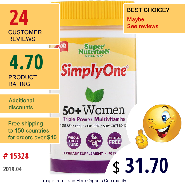 Super Nutrition, Simplyone, 50+ Women, Triple Power Multivitamins, 90 Tablets