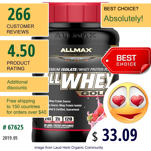 Allmax Nutrition, Allwhey Gold, 100% Whey Protein + Premium Whey Protein Isolate, Strawberry, 2 Lbs (907 G)