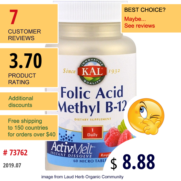 Kal, Folic Acid Methyl B-12, Activmelt, Raspberry , 60 Micro Tablets  