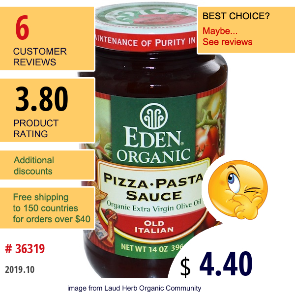 Eden Foods, Organic Pizza • Pasta Sauce, Old Italian, 14 Oz (396 G)  