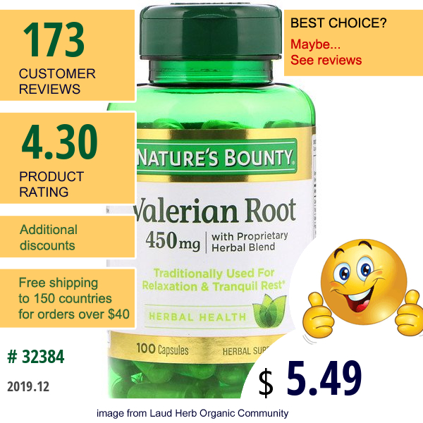 Nature'S Bounty, Valerian Root With Proprietary Herbal Blend, 450 Mg, 100 Capsules