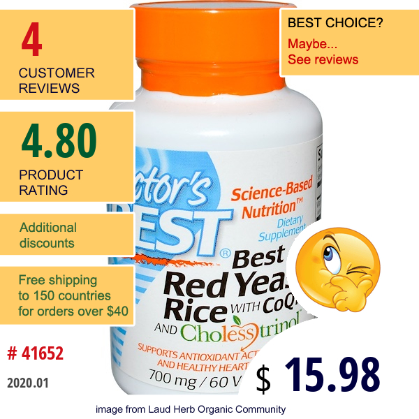 Doctor'S Best, Best Red Yeast Rice, With Coq10 And Cholesstrinol, 700 Mg, 60 Veggie Caps  