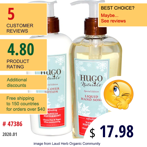 Hugo Naturals, Winter Retreat Set For Hands, Hand Soap/Lotion, Vanilla Peppermint, 2 Bottles, 8 Fl Oz (236 Ml) Each  