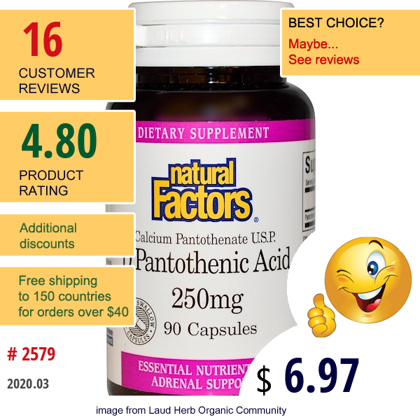 Natural Factors, D'Pantothenic Acid, 250 Mg, 90 Capsules Natural Factors, D'Pantothenic Acid, 250 Mg, 90 Capsules