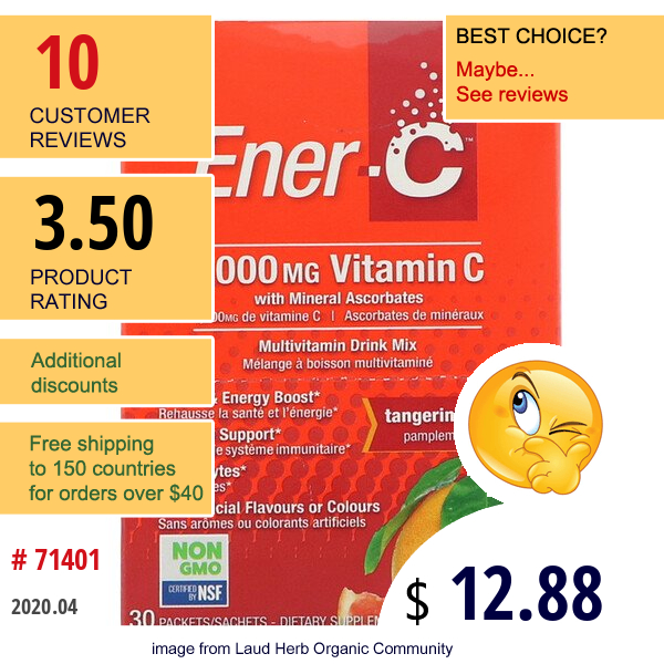 Ener-C, Vitamin C, Effervescent Powdered Drink Mix,Tangerine Grapefruit, 30 Packets, 10.0 Oz (283.5 G)  