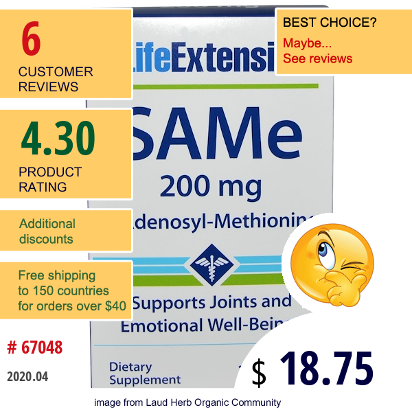 Life Extension, Same (S-Adenosyl-L-Methionine), 200 Mg, 30 Enteric Coated Tablets  