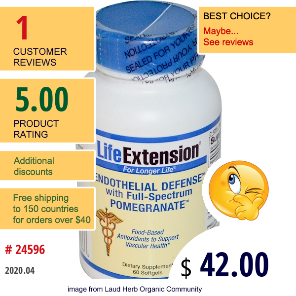 Life Extension, Endothelial Defense With Full-Spectrum Pomegranate, 60 Softgels  