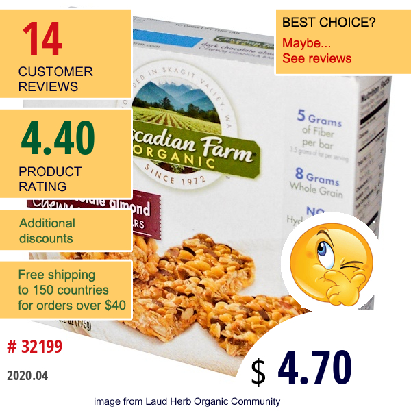 Cascadian Farm, Organic, Chewy Granola Bars, Dark Chocolate Almond, 5 Bars, 1.2 Oz (35 G) Each  