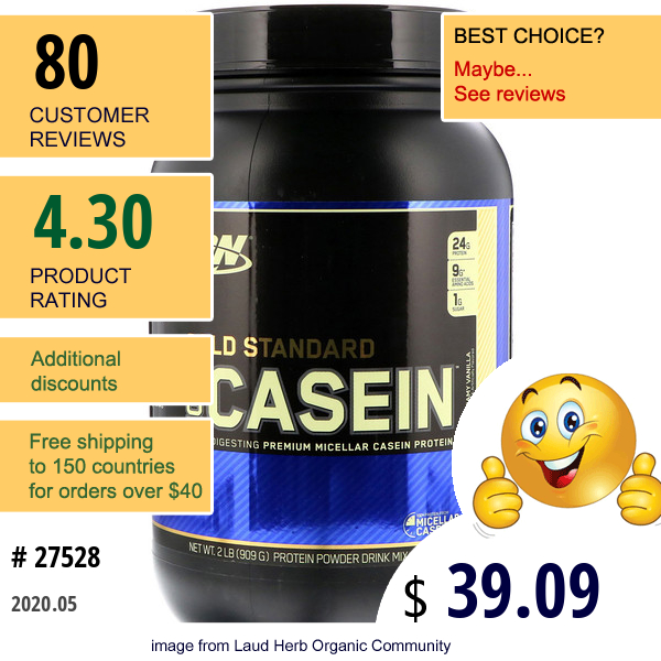 Optimum Nutrition, Gold Standard, 100% Casein, Creamy Vanilla, 2 Lbs (909 G)