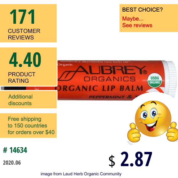 Aubrey Organics, Organic Lip Balm, Peppermint & Tea Tree, .15 Oz (4.25 G)  