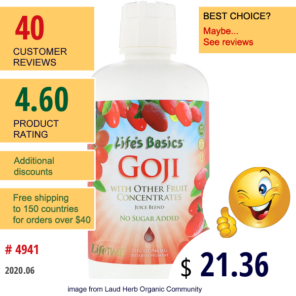 Lifetime Vitamins, Life'S Basics Goji Juice Blend, 32 Fl Oz (946 Ml)  
