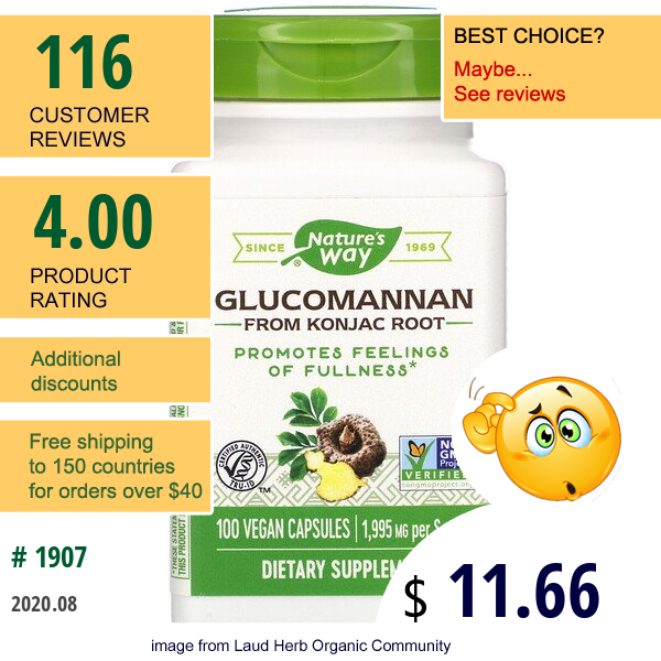 Nature'S Way, Glucomannan From Konjac Root, 1,995 Mg, 100 Vegan Capsules