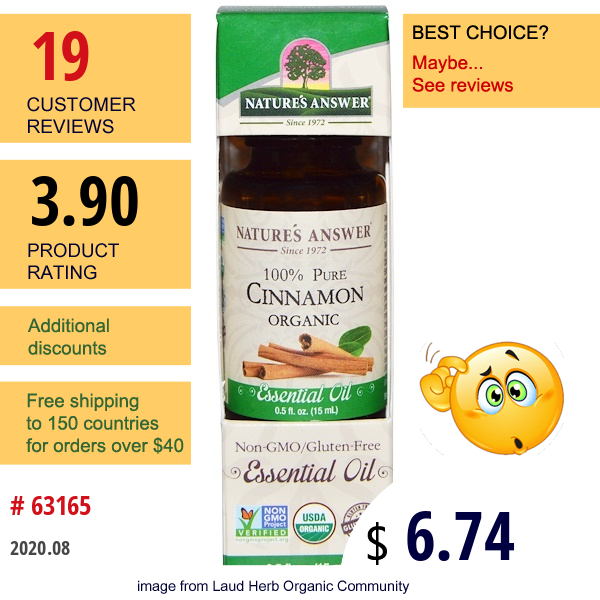 Nature'S Answer, Organic Essential Oil, 100% Pure Cinnamon, 0.5 Fl Oz (15 Ml)