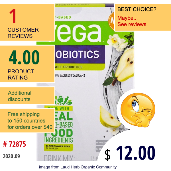 Vega, Vega Drink Mix, Probiotics, Elderflower Pear Flavored, 16 Pouches, 0.2 Oz (5.6 G) Each  