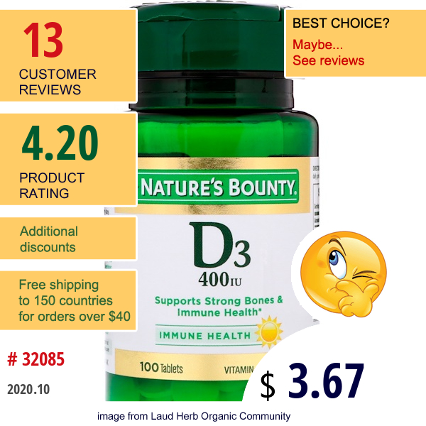 Nature'S Bounty, D3, 400 Iu, 100 Tablets  