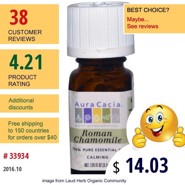 Aura Cacia, 100% Pure Essential Oil, Roman Chamomile, 0.125 Fl Oz (3.7 Ml)