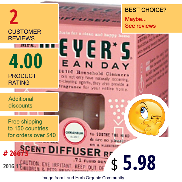 Mrs. Meyers Clean Day, Scent Diffuser Refill, Geranium, 0.71 Fl Oz (21 Ml)  