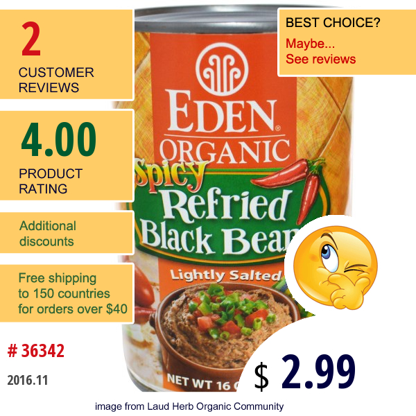 Eden Foods, Organic, Spicy Refried Black Beans, 16 Oz (454 G)  