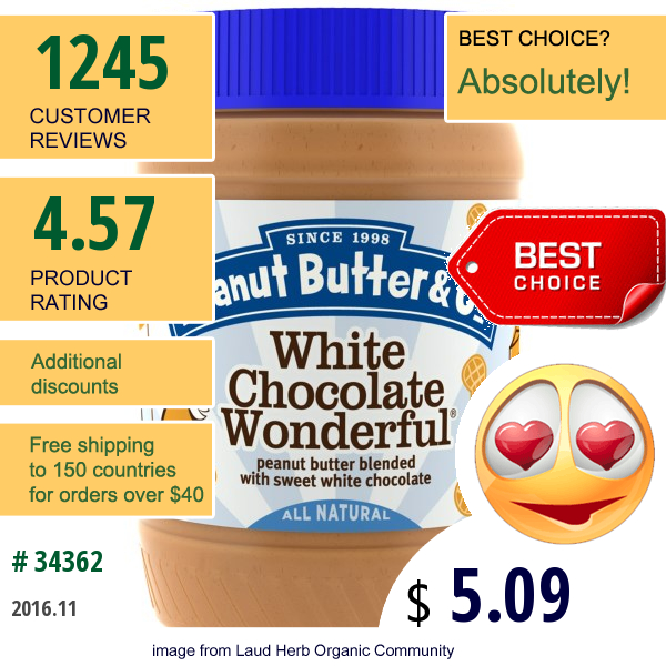 Peanut Butter & Co., White Chocolate Wonderful, Peanut Butter Blended With Sweet White Chocolate, 16 Oz (454 G)