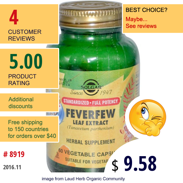 Solgar, Feverfew Leaf Extract, 60 Veggie Caps  