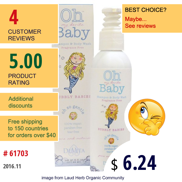 Devita, Oh My Devita Baby, Shampoo & Body Wash, Bubbly Babies, Fragrance Free, 6 Fl Oz (177.44 Ml)