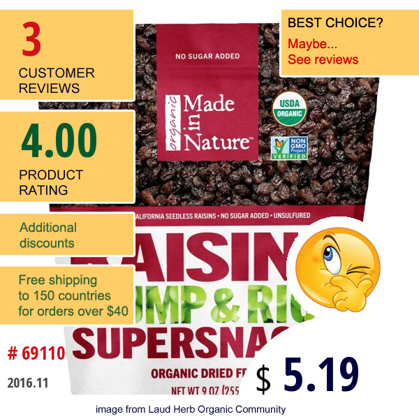 Made In Nature, Organic Raisins, 9 Oz (255 G)