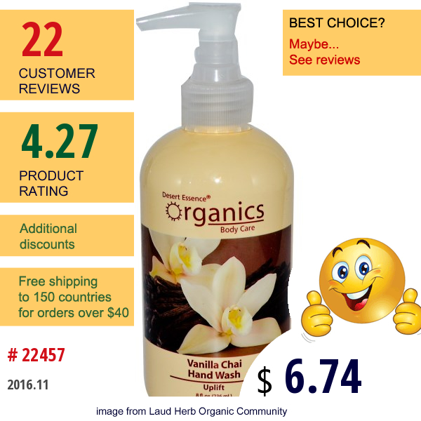 Desert Essence, Organics Body Care, Hand Wash, Vanilla Chai, 8 Fl Oz (236 Ml)  