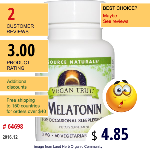 Source Naturals, Vegan True, Melatonin, 3 Mg, 60 Veggie Caps