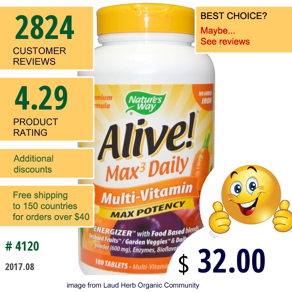 Natures Way, Alive! Max Potency, Multi-Vitamin, No Added Iron, 180 Tablets
