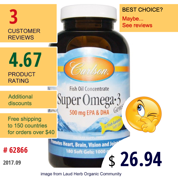 Carlson Labs, Super Omega-3 Gems, Fish Oil Concentrate, 1,000 Mg, 180 Soft Gels