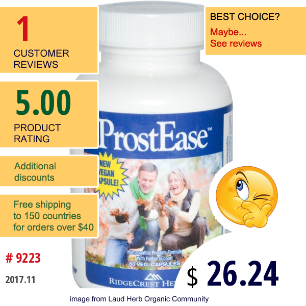 Ridgecrest Herbals, Prostease, Homeopathic Prostate Formula, With Herbal Support, 60 Veggie Caps  
