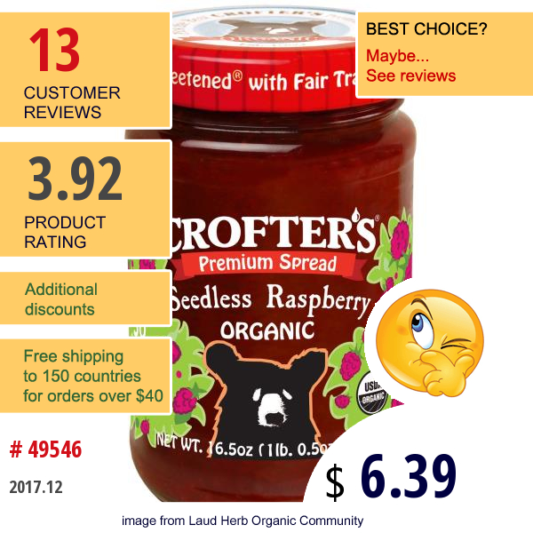 Crofters Organic, Organic Premium Spread, Seedless Raspberry, 16.5 Oz (468 G)