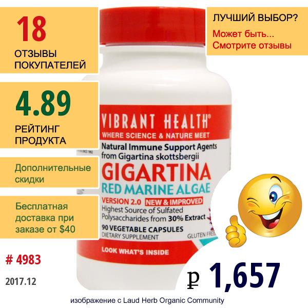 Vibrant Health, Гигартина, Красная Морская Водоросль, Версия 2.0, 90 Растительных Капсул