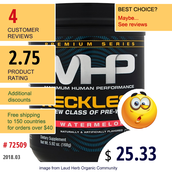 Maximum Human Performance, Llc, Reckless Pre-Workout, Watermelon, 5.92 Oz (168 G)