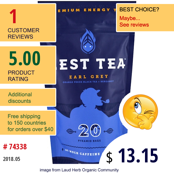 Zest Tea Llz, Premium Energy Tea, Earl Grey, 20 Pyramid Bags, 1.76 Oz (50 G) 